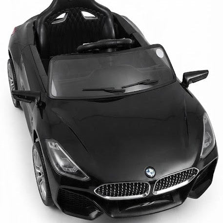 A black BMW-branded toy convertible car with a glossy finish, shown from a high-angle front view on a white background.