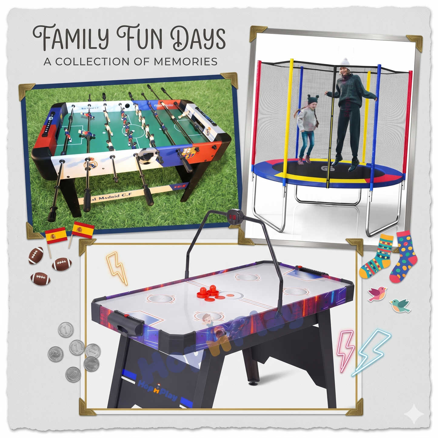 Collage of family fun activities including foosball table, trampoline, and air hockey table with 'Family Fun Days' text.