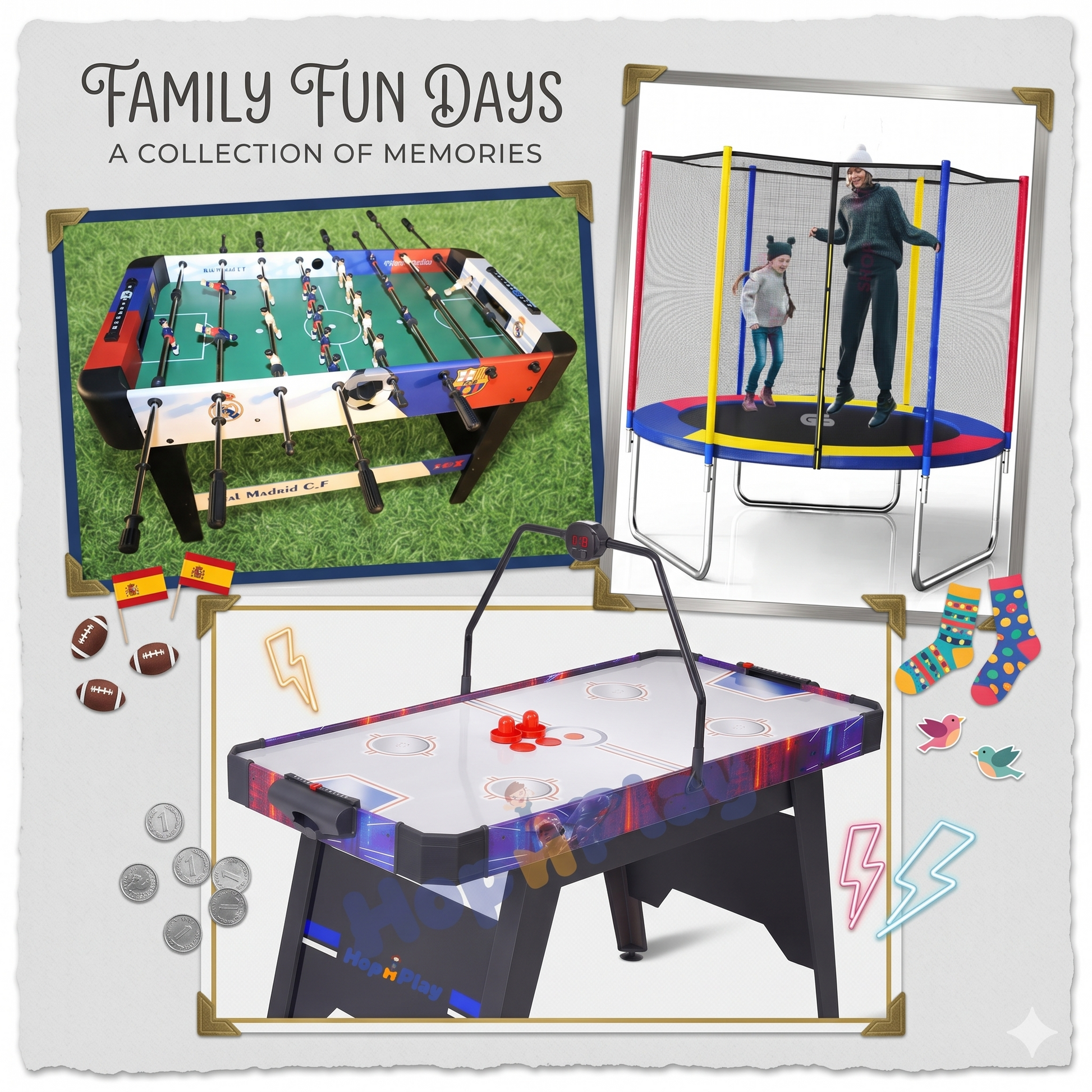 Collage of family fun activities including foosball table, trampoline, and air hockey table with 'Family Fun Days' text.