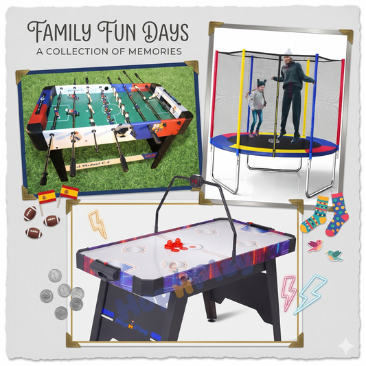 Collage of family fun activities including foosball table, trampoline, and air hockey table with 'Family Fun Days' text.