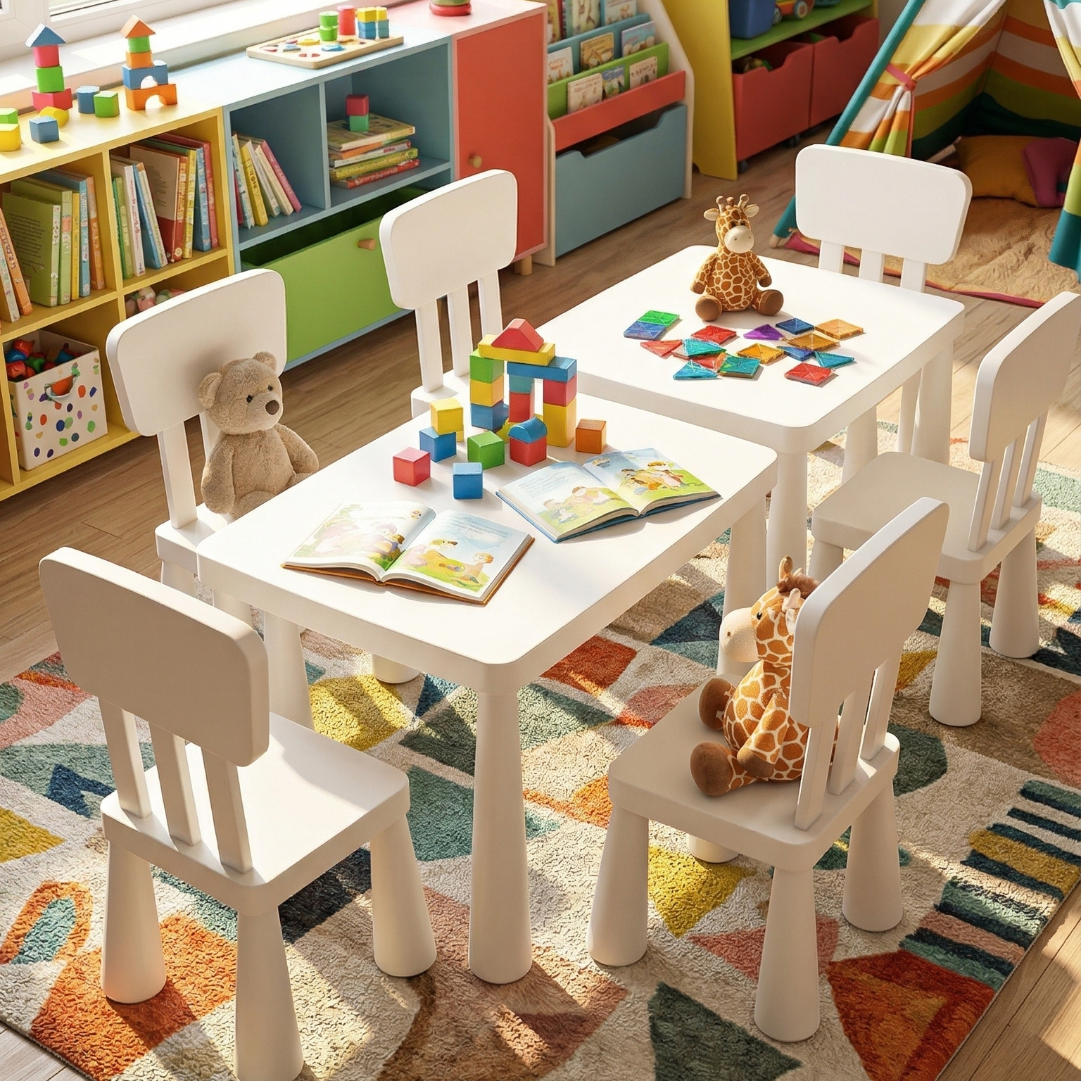 Children's playroom with a table and chairs, toys, and books.