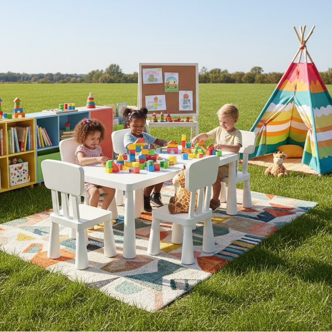 Children playing with toys at a table outdoors on a grassy area with a colorful teepee and bookshelf in the background.