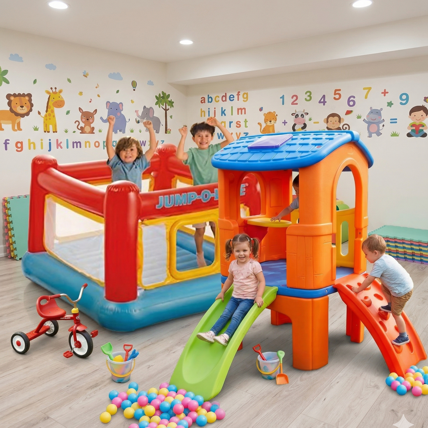 Children playing on a colorful indoor playset with a tricycle and ball pit in a playroom 