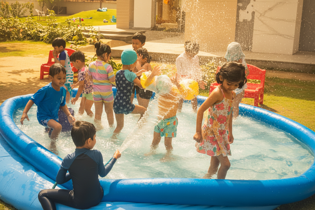 Children playing in a blue inflatable pool outdoors.