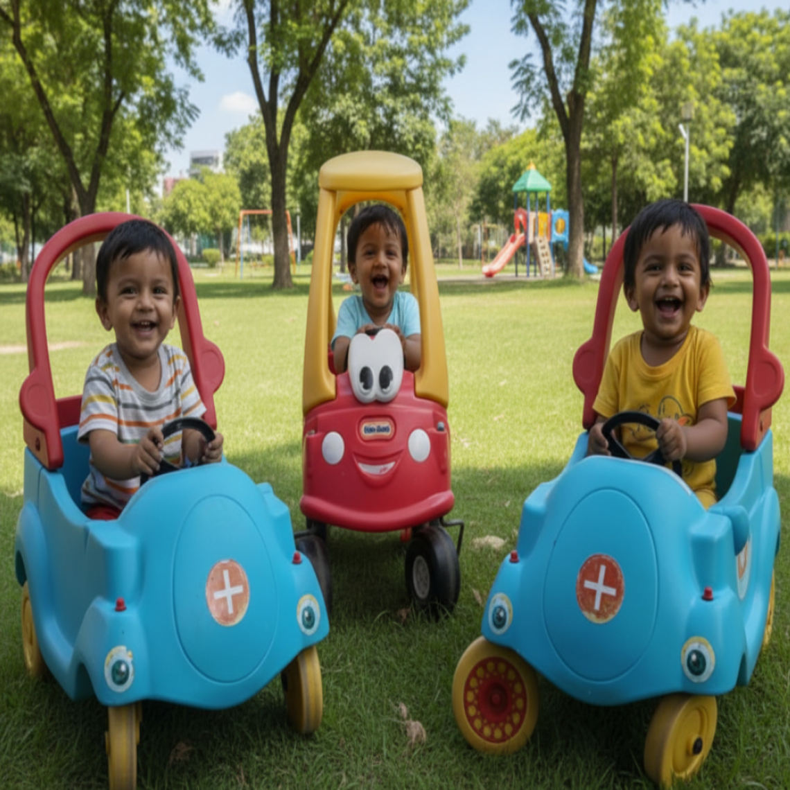 Two blue toy cars with red handles for party