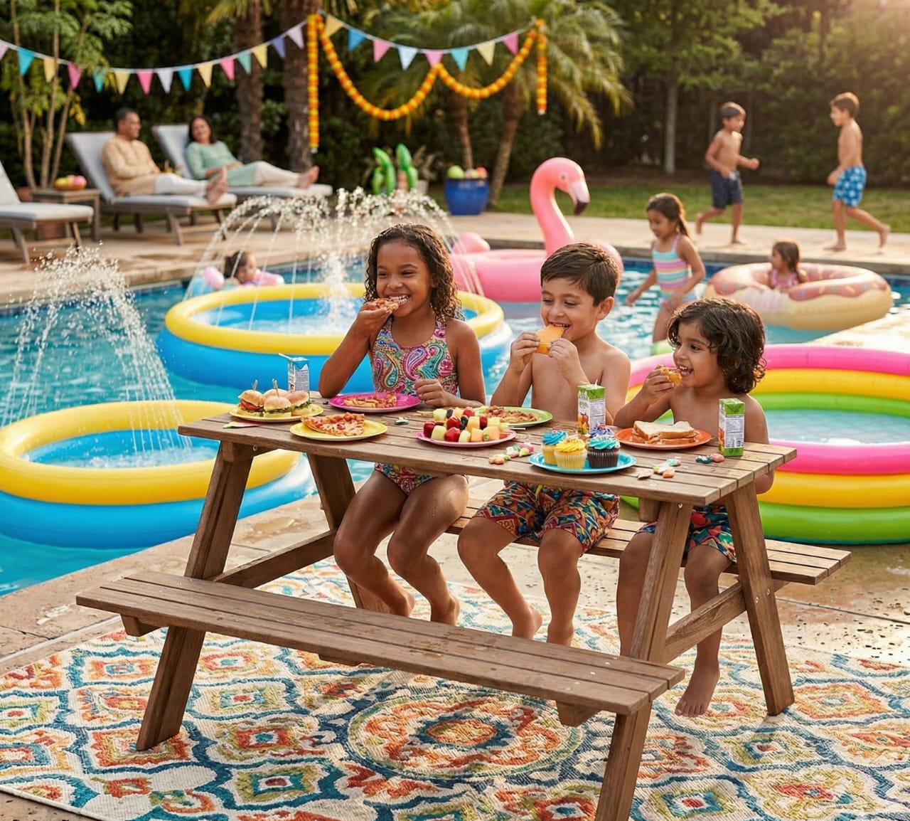 Children eating at a picnic table by a pool with inflatable toys and a fountain.