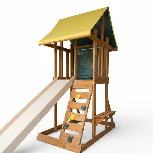 Wooden playhouse with a yellow roof on a tiled floor.