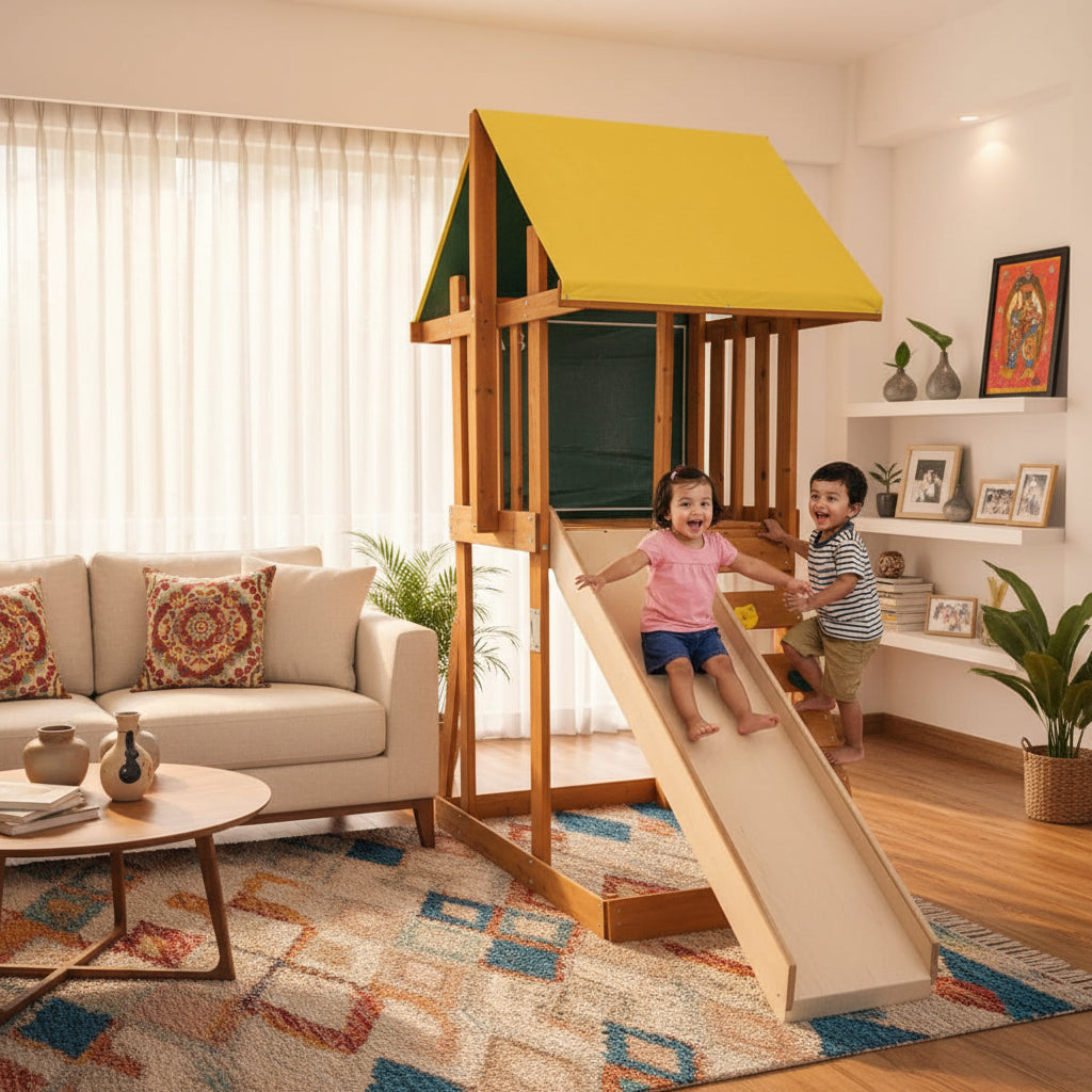 Wooden playset with slide and yellow canopy indoors