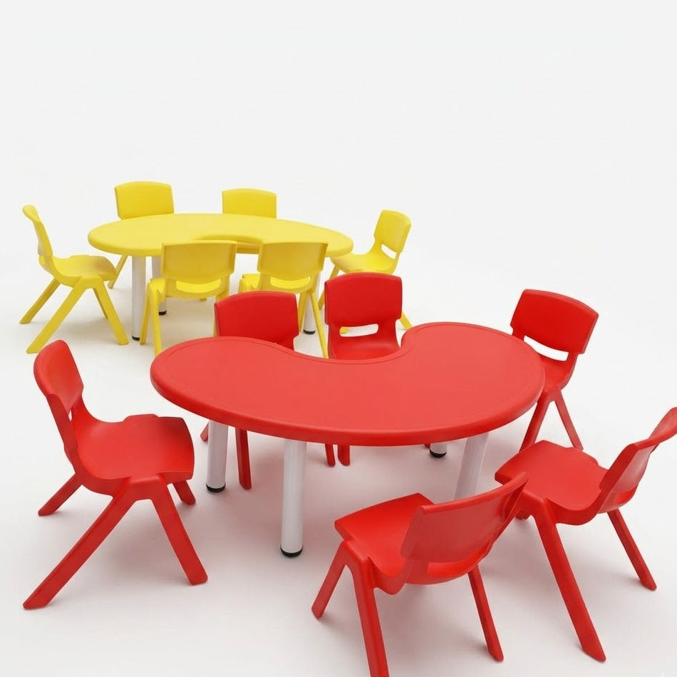 Red and yellow children's tables and chairs on a white background