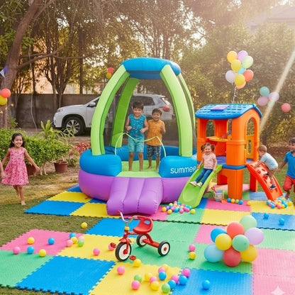 Children playing on a colorful inflatable playground set in an outdoor area with a car and trees in the background.
