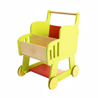 Colorful children's toy cart with a green body, red seat, and wooden accents on a white background.