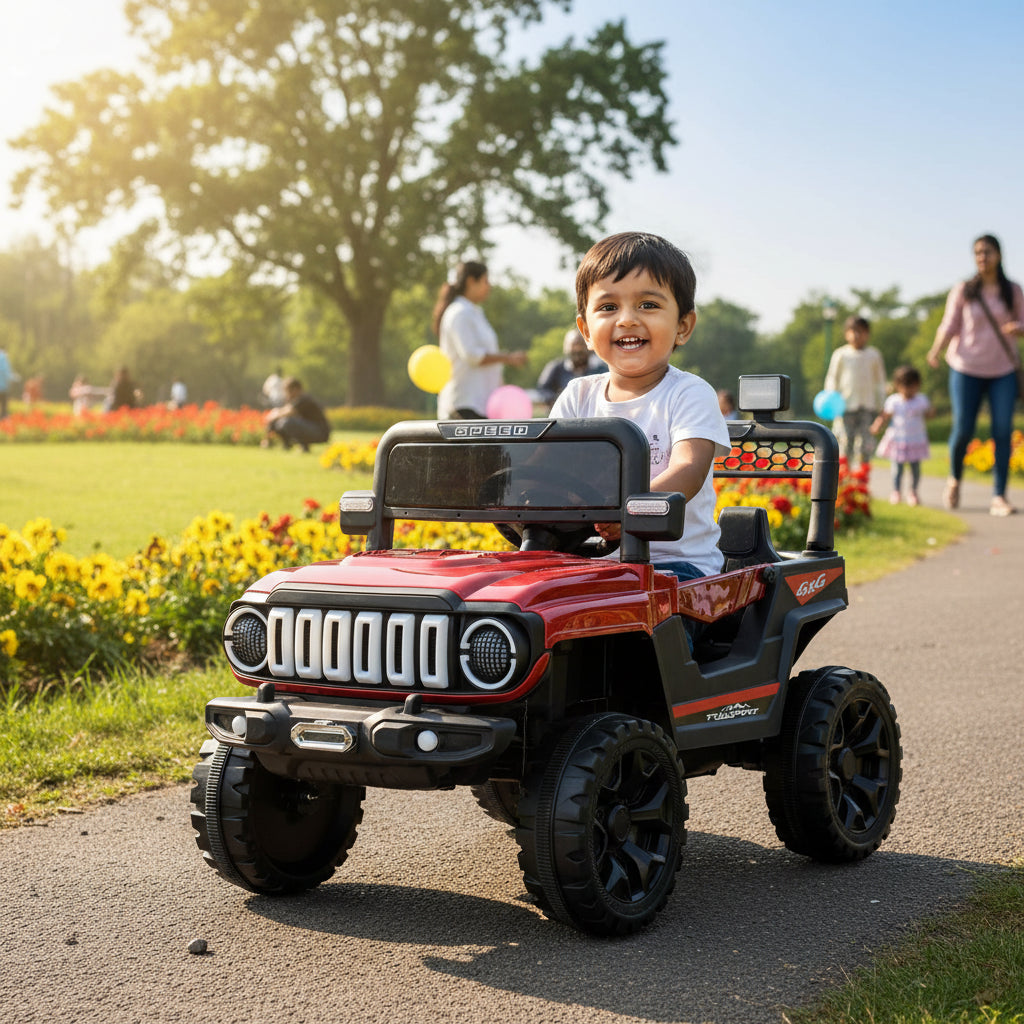 A red and black 4-seat kids' ride-on toy car designed in a Jeep-style off-road aesthetic, shown on a clean white studio background.
