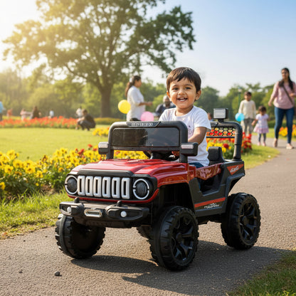 A red and black 4-seat kids' ride-on toy car designed in a Jeep-style off-road aesthetic, shown on a clean white studio background.